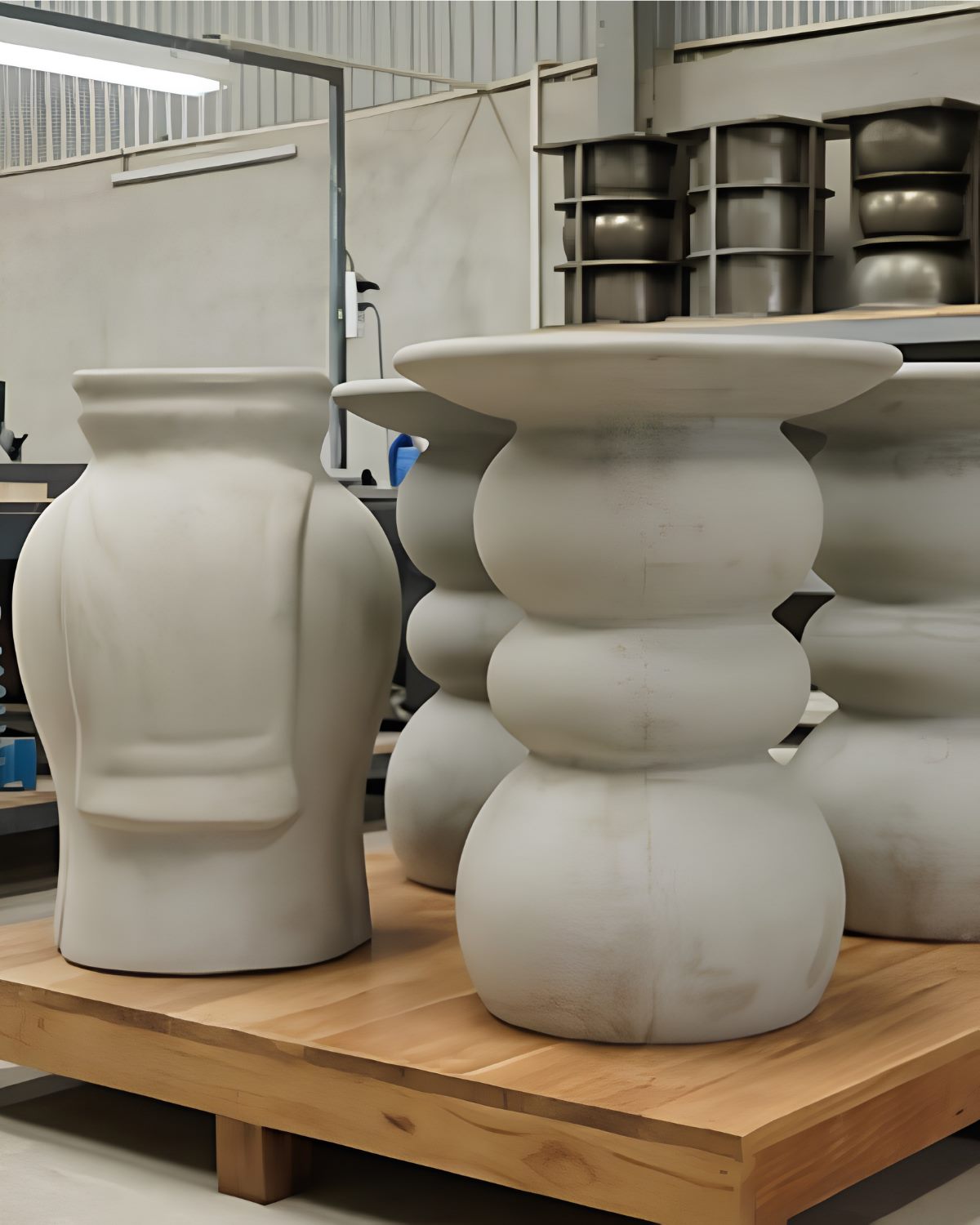 Freshly cast vase and stools on a workbench at the LAVA factory