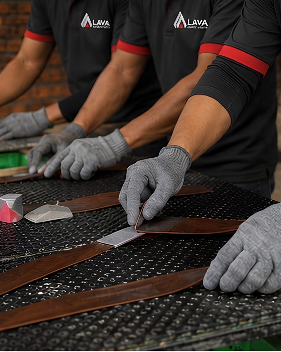 LAVA workers applying wood-grain effect strips at a workbench