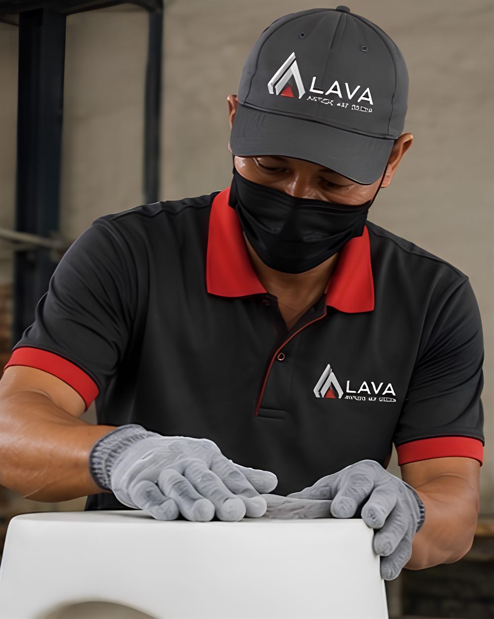 LAVA artisan hand-finishing a piece with gloves in the workshop