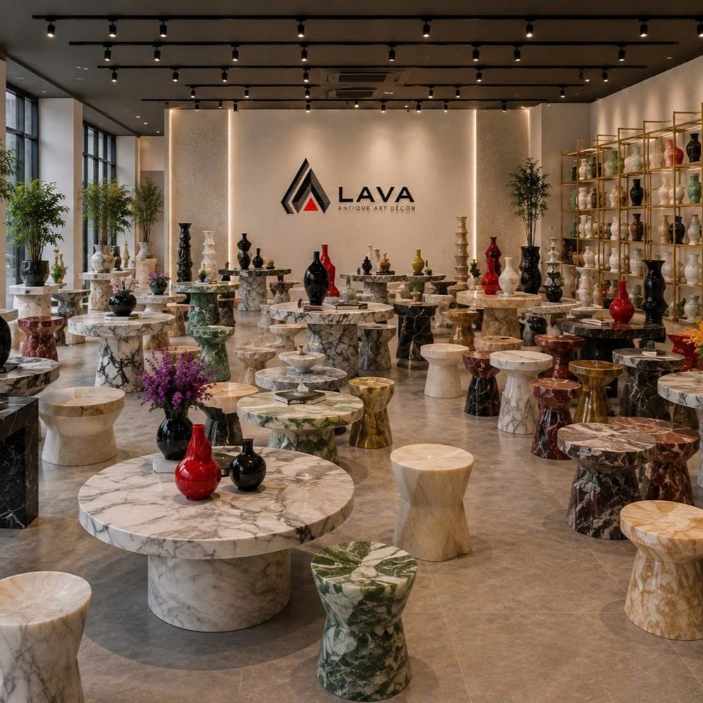 LAVA showroom displaying marble and lacquer tables, stools, and vases